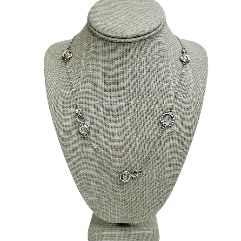 Silver Tone Textured Round Satellite Rhinestone Long Chain Necklace